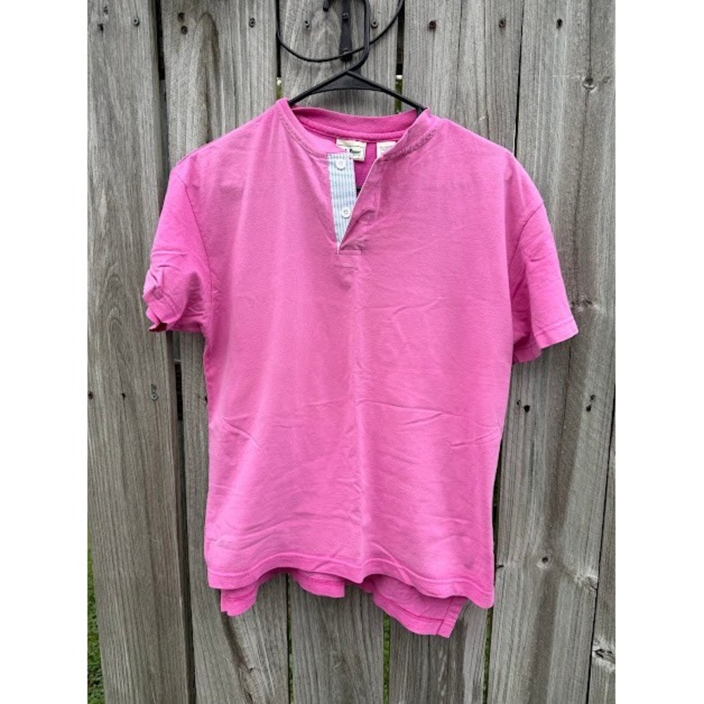 Preppy Coastal L.L. Bean Henley Shirt XL Pink Short Sleeve Striped Placket